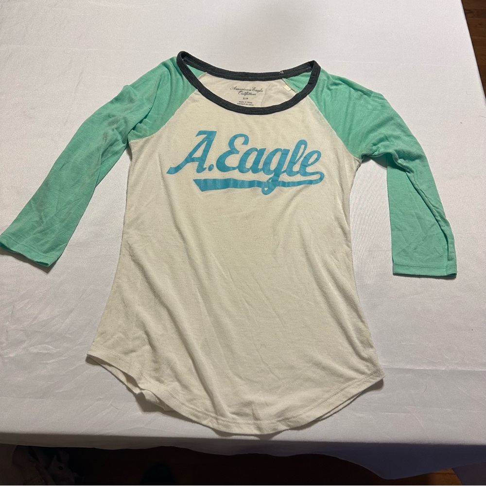 American Eagle Outfitters Raglan Tee - White and Teal